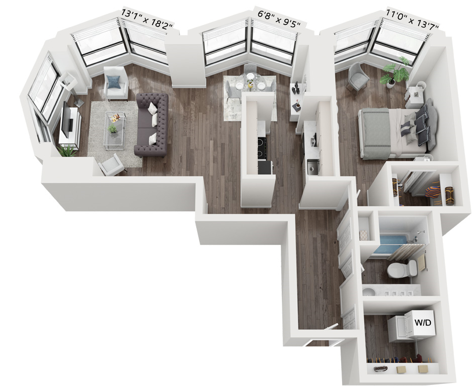 Floor plan for 1 bed, 1 bath, 830 sqft